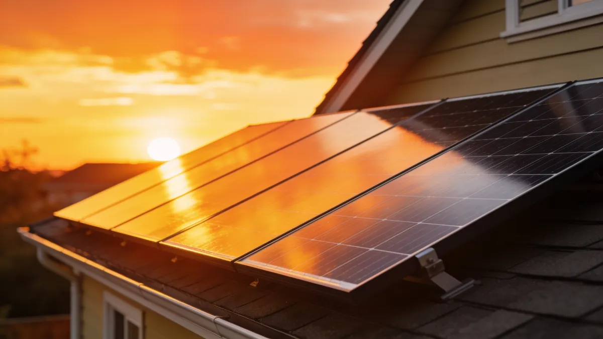 Panneaux solaires sur le toit en bardeaux d’une maison au coucher du soleil, exemple d’installation résidentielle à Réalmont