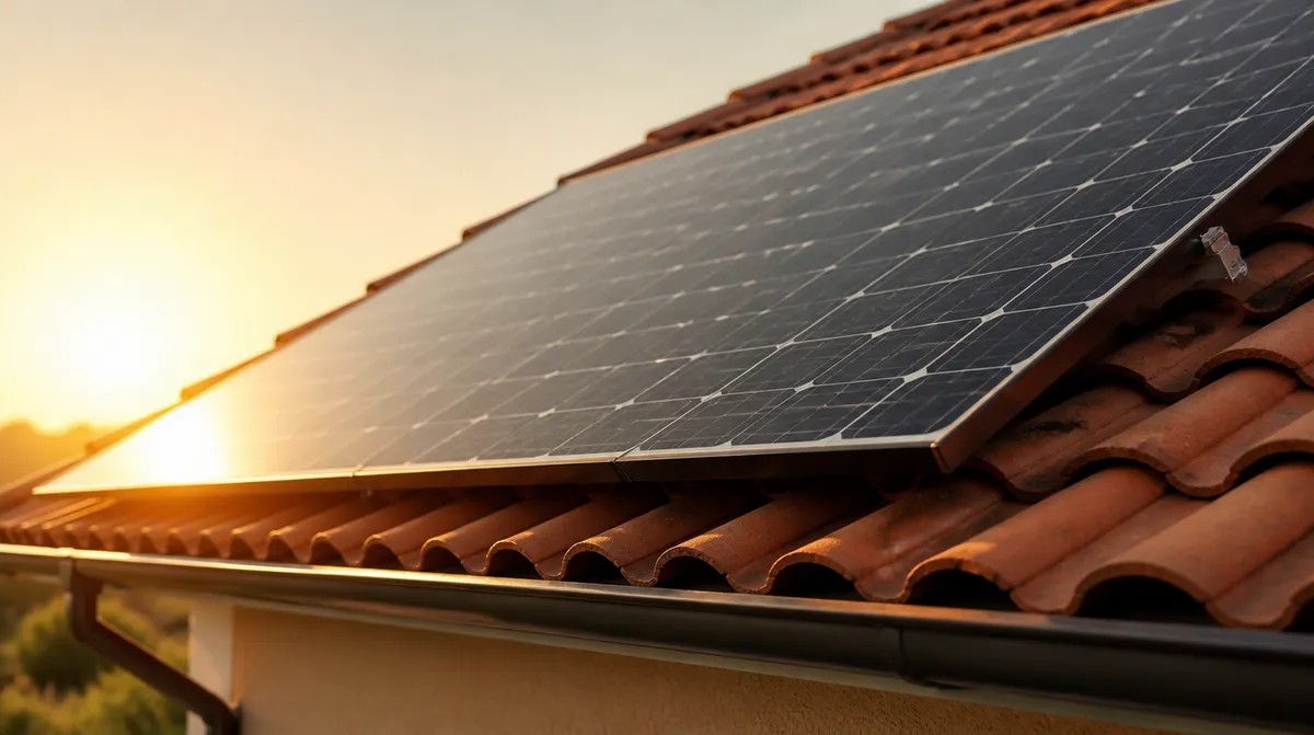 Panneau solaire noir fixé au-dessus de tuiles canal orangées, au soleil couchant, sur une maison de la région de Réalmont